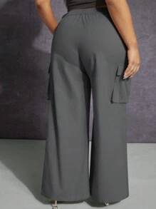 SHEIN SXY 大碼側翻蓋口袋闊腿褲 - 灰色 - 查看 4