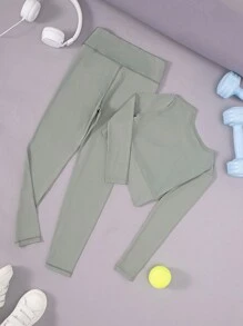 SHEIN Tween Girl Solid Sports Tee & Leggings - Green - View 2