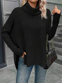 SHEIN LUNE Jersey cuello alto de manga murciélago bajo con abertura