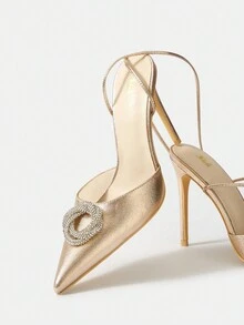SheIn Belle Ladies' Metallic High Heels With Rhinestone Decor - Champagne - View 6