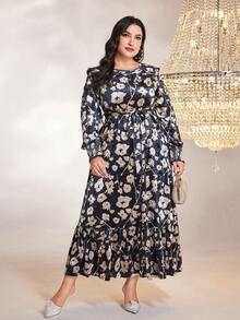 Modelyn Talla grande Vestido con cinturón con estampado floral bajo con fruncido - Multicolor - Ver 5