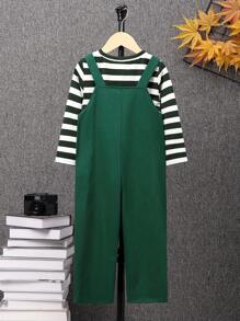 SHEIN 男小童條紋圖案T恤&卡通圖案背帶連身褲