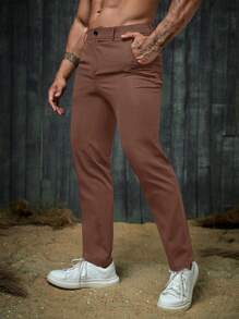 GENTILAND 男士素色斜口袋西裝褲 - 棕色 - 查看 1