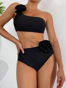 Conjunto de bikini con un hombro y apliques - Negro - Ver 1
