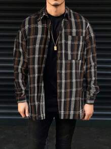 Manfinity Homme Men Plaid Print Pocket Patched Overcoat