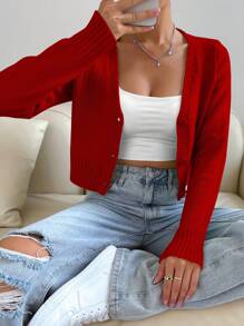 Flirla 1 件纽扣前 V 领开衫，适合新年衣服，长袖上衣 - 紅色 - 查看 5