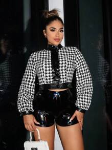 SHEIN SXY Houndstooth Print Lantern Sleeve Contrast Trim Tweed Overcoat - Black and White - View 3