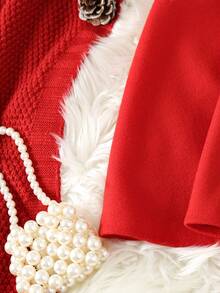 SHEIN Young Girl Solid Bow Front Dress & Cape Overcoat - Burgundy - View 3