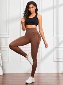 SHEIN Yoga Basic Wide Waistband Sports Leggings - Coffee Brown - View 3