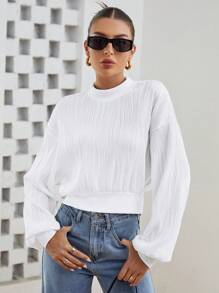 SHEIN Essnce 小高領落肩袖短款運動衫 - 白色 - 查看 3