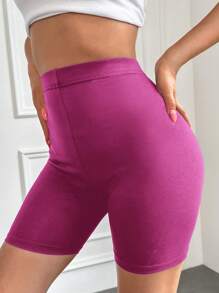 Cottnline Solid High Waist Biker Shorts - Pink - View 4