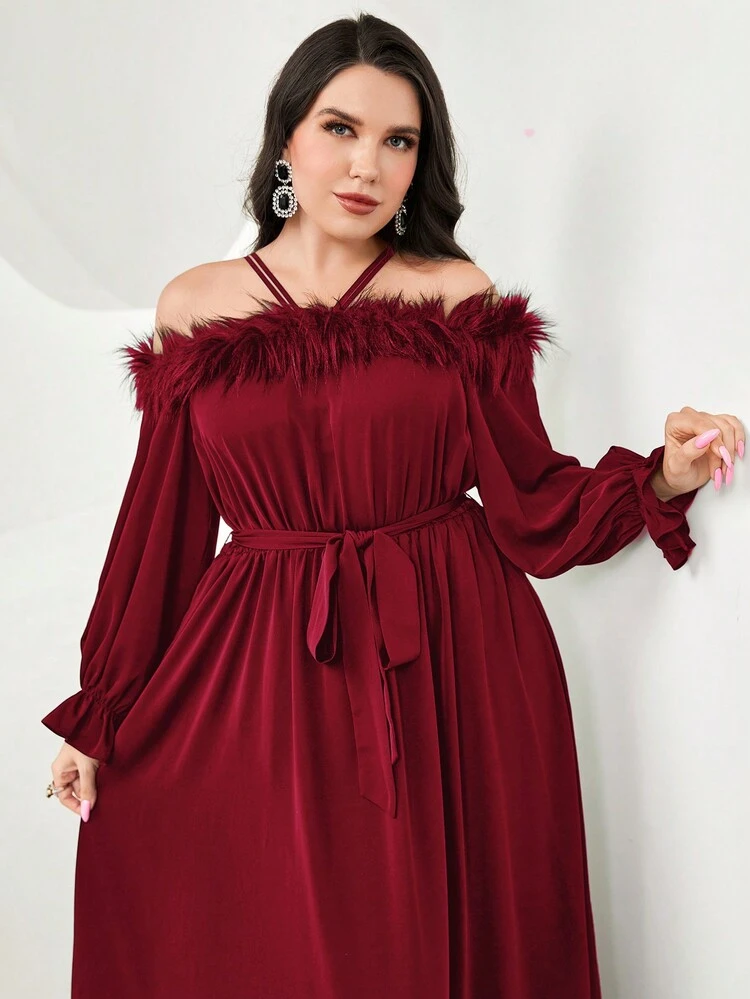 Burgundy Red Plus Off Shoulder Flounce Sleeve Belted Dress Long Evening Dresses
