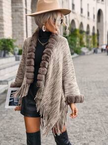 EMERY ROSE Fuzzy Trim Fringe Hem Space Dye Batwing Sleeve Cardigan,Long Sleeve Tops - Khaki - View 1