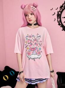 ROMWE Kawaii 卡通圖案落肩T恤 - 粉色 - 查看 1