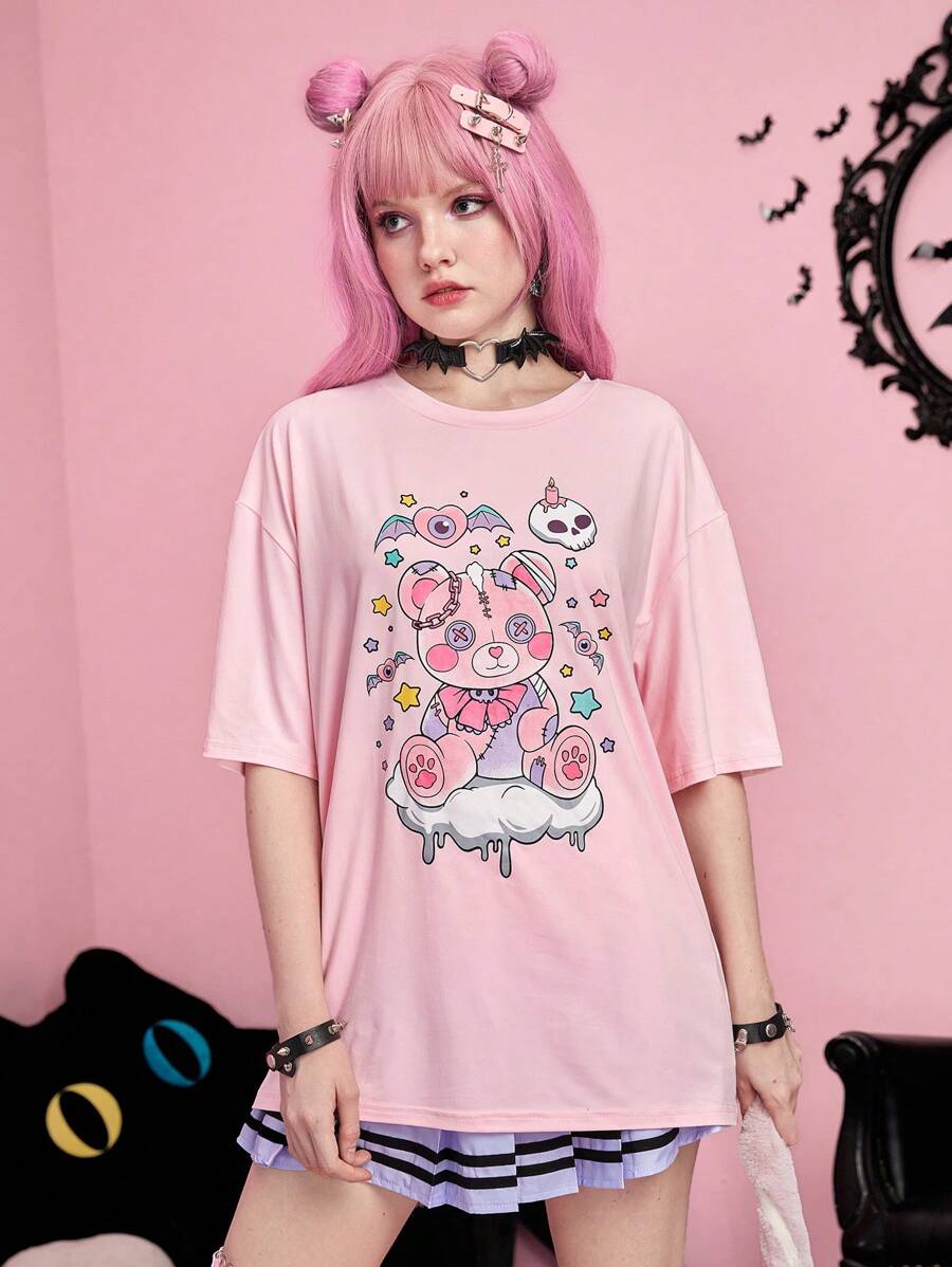 ROMWE Kawaii 卡通圖案落肩T恤 - 粉色 - 查看 1