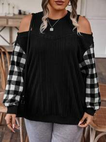 SHEIN LUNE Plus Contrast Gingham Print Cold Shoulder Sweatshirt - Multicolor - View 1