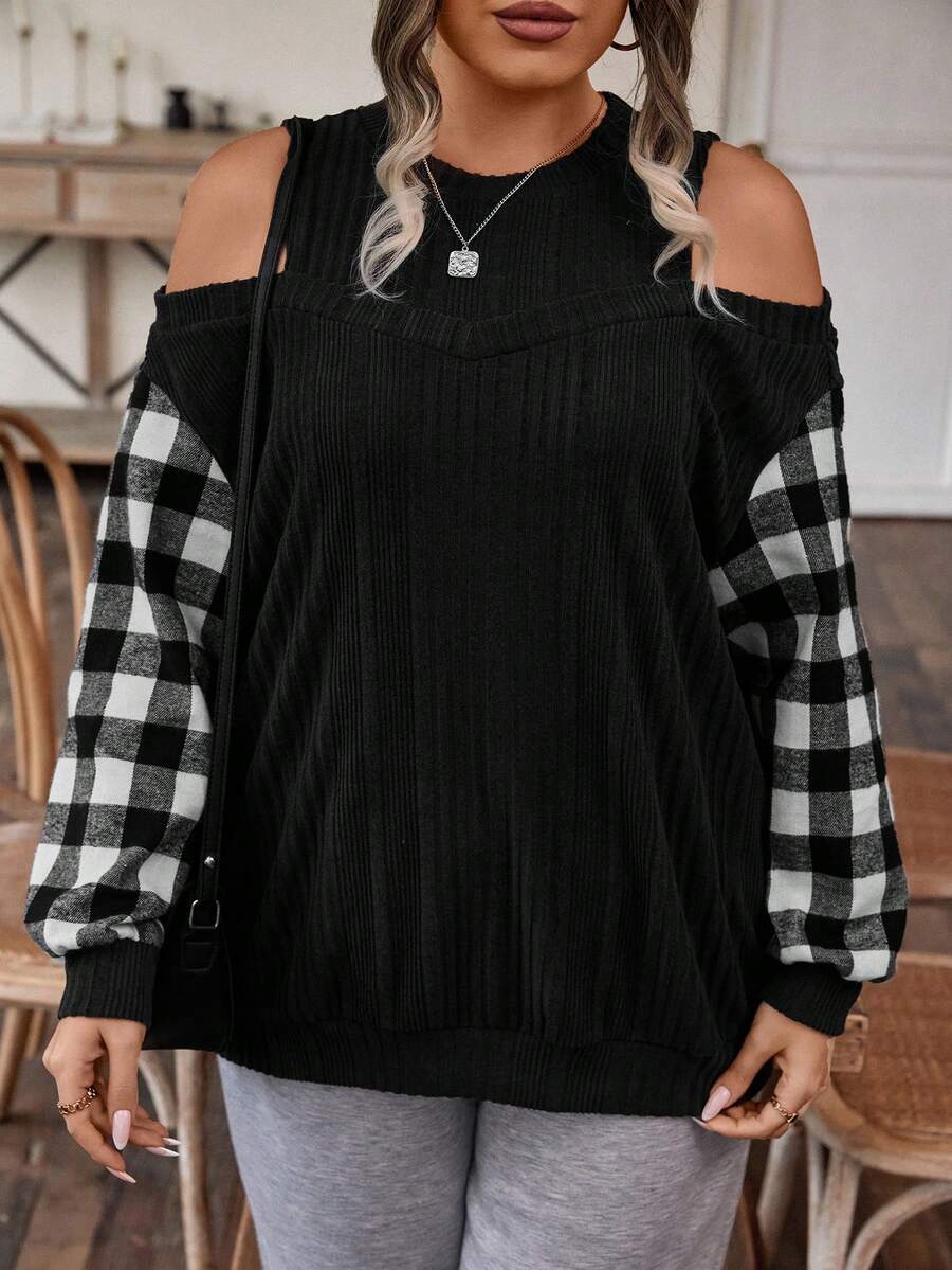 SHEIN LUNE Plus Contrast Gingham Print Cold Shoulder Sweatshirt - Multicolor - View 1