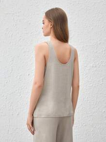 Leisure Natural Linen Comfy & Breathable Khaki Front Pocket Tank Top