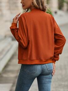 素色拉鏈開襟飛行員夾克 - 棕色 - 查看 2