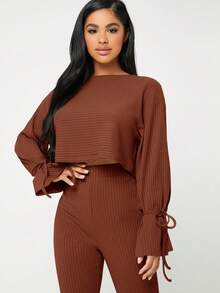 SHEIN SXY Solid Knot Cuff Tee & Leggings - Coffee Brown - View 3