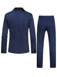 Manfinity Mode Men Striped Print Lapel Collar Blazer & Pants - Navy Blue - View 2