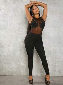 SHEIN SXY Solid Mesh Bodysuit & Leggings - Black - View 2