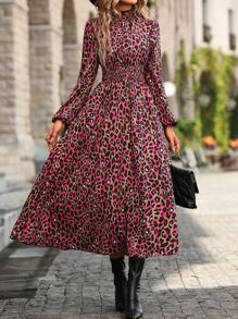 SHEIN LUNE Leopard Print Lantern Sleeve Dress - Hot Pink - View 6