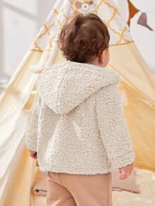 SHEIN Baby Boy 1pc Bear Embroidery Hooded Teddy Coat - Apricot - View 2