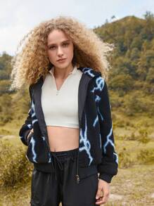 In My Nature Lightning Pattern Hooded Outdoor Fleece Jacket - Black - View 5