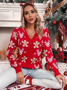 Chiquease Christmas Elk & Snowflake Pattern Button Front Cardigan For New Year Clothes,Long Sleeve Tops - Red - View 7