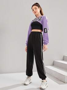 SHEIN Teen Girl Letter Graphic Super Crop Pullover & Sweatpants & Tank Top - Mauve Purple - View 6