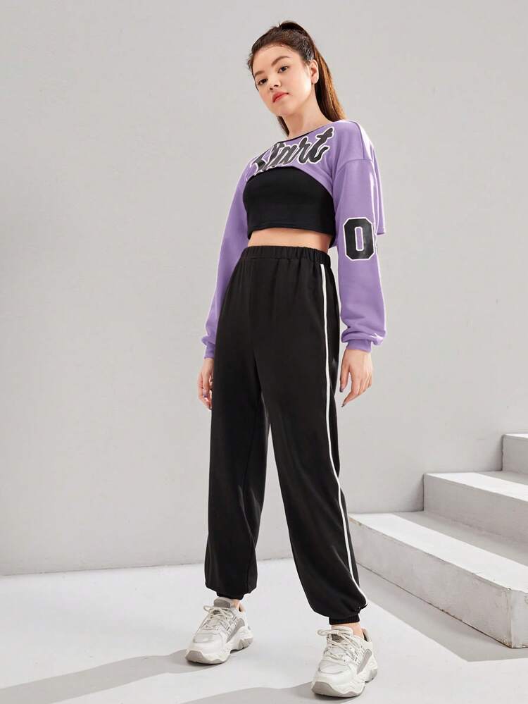 Teen Girl Letter Graphic Super Crop Pullover & Sweatpants & Tank Top