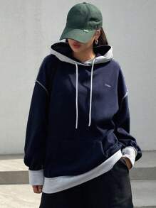 DAZY Slogan Graphic Contrast Trim Drop Shoulder Drawstring Hoodie,Long Sleeve Tops,Fall Women Clothes Sweatshirt - Navy Blue - View 3