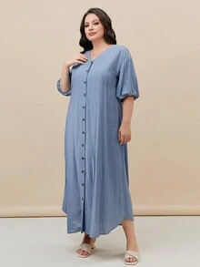 Mulvari Hơn Nút phía trước Tay áo lồng đèn Đầm - Màu xanh bụi bặm - Xem 4