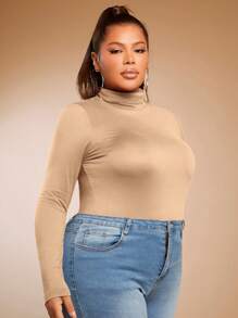 SHEIN SXY Plus High Neck Solid Tee - Apricot - View 5