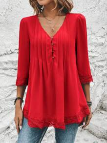 SHEIN Clasi Contrast Lace Fold Pleated Detail Plicated Detail Plicated Detail Blouse - Red - View 6