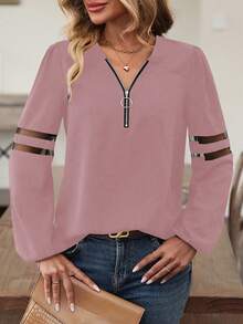 SHEIN LUNE 網紗拼接拼接半拉鏈襯衫 - 粉色 - 查看 5