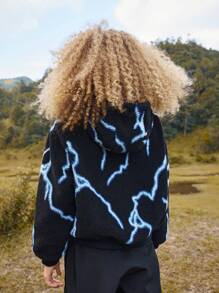 In My Nature Lightning Pattern Hooded Outdoor Fleece Jacket - Black - View 2