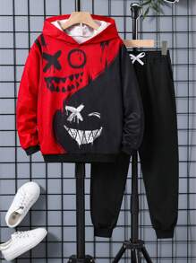 2pcs/Set Tween Boys Abstract Smiling Face Print Patchwork Hooded Sweatshirt And Elastic Waist Jogger Pants Set, Spring Fall - Red - View 1