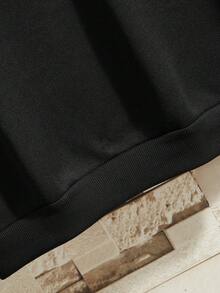 男士標語圖案加絨內裏運動衫 - 黑色 - 查看 4