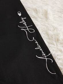 女士保暖字母刺繡保暖褲 - 黑色 - 查看 7