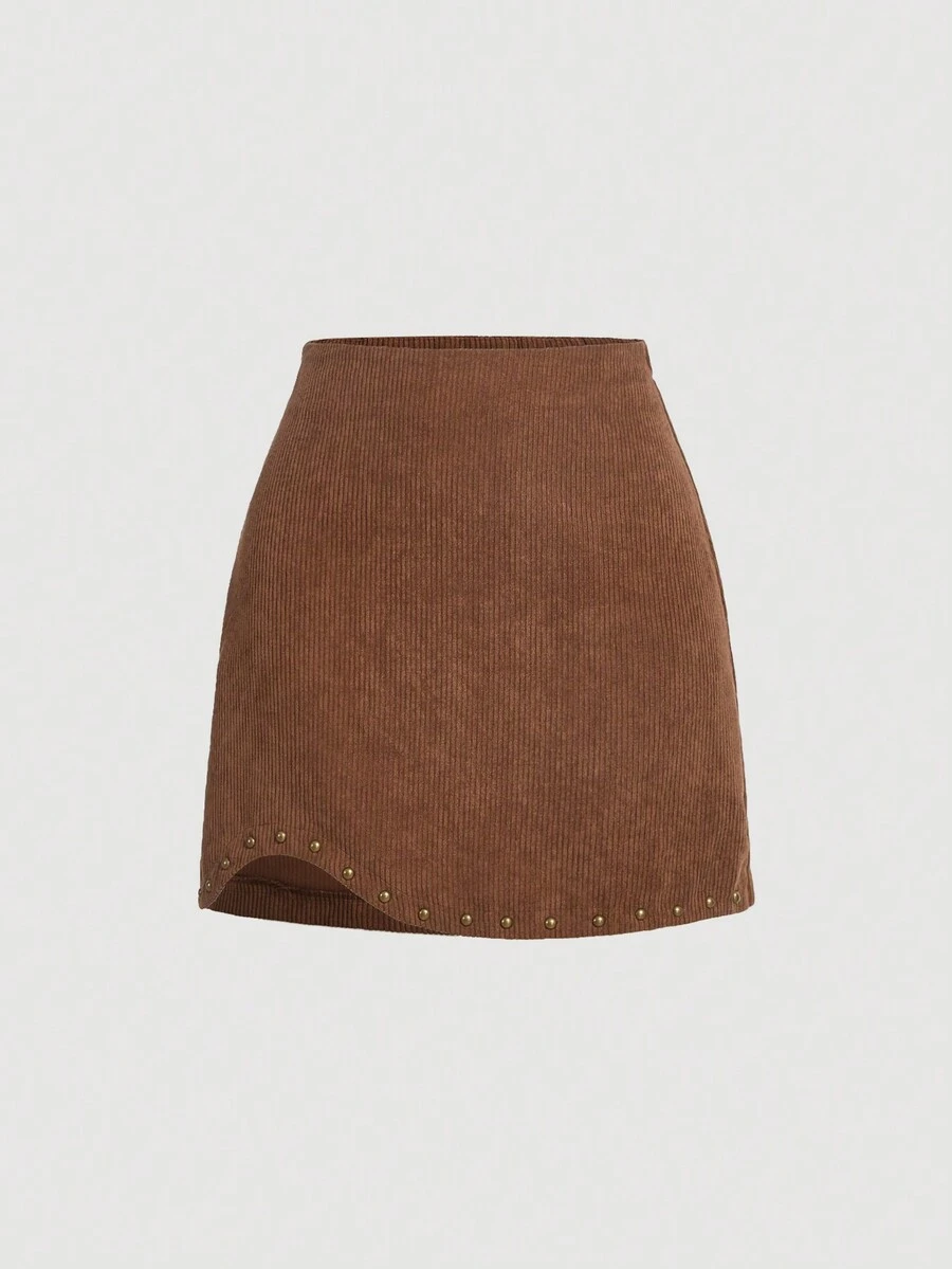 SHEIN MOD 素色燈芯絨不對稱下擺半身裙 - 棕色 - 查看 1