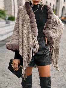 EMERY ROSE Fuzzy Trim Fringe Hem Space Dye Batwing Sleeve Cardigan,Long Sleeve Tops - Khaki - View 3