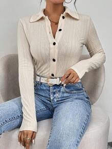 SHEIN Essnce 素色前紐扣連身背心 - 杏色 - 查看 6