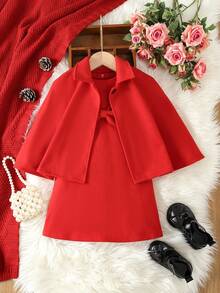 SHEIN Young Girl Solid Bow Front Dress & Cape Overcoat - Burgundy - View 7