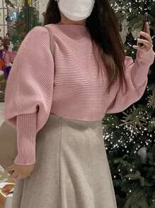 Dazy Plus Plus Size Batwing Sleeve Ribbed Knit Sweater,Fall Clothes - Pink - View 1