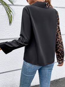 SHEIN LUNE Leopard Print Zip Up Blouse - Black - View 4