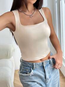 SHEIN EZwear Solid Square Neck Tank Top - Khaki - View 3