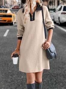 SHEIN LUNE Contrast Trim Quarter Zip Drop Shoulder Tee Dress - Apricot - View 1