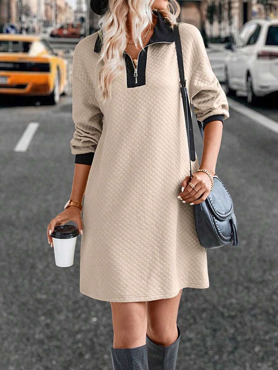 SHEIN LUNE Contrast Trim Quarter Zip Drop Shoulder Tee Dress - Apricot - View 1